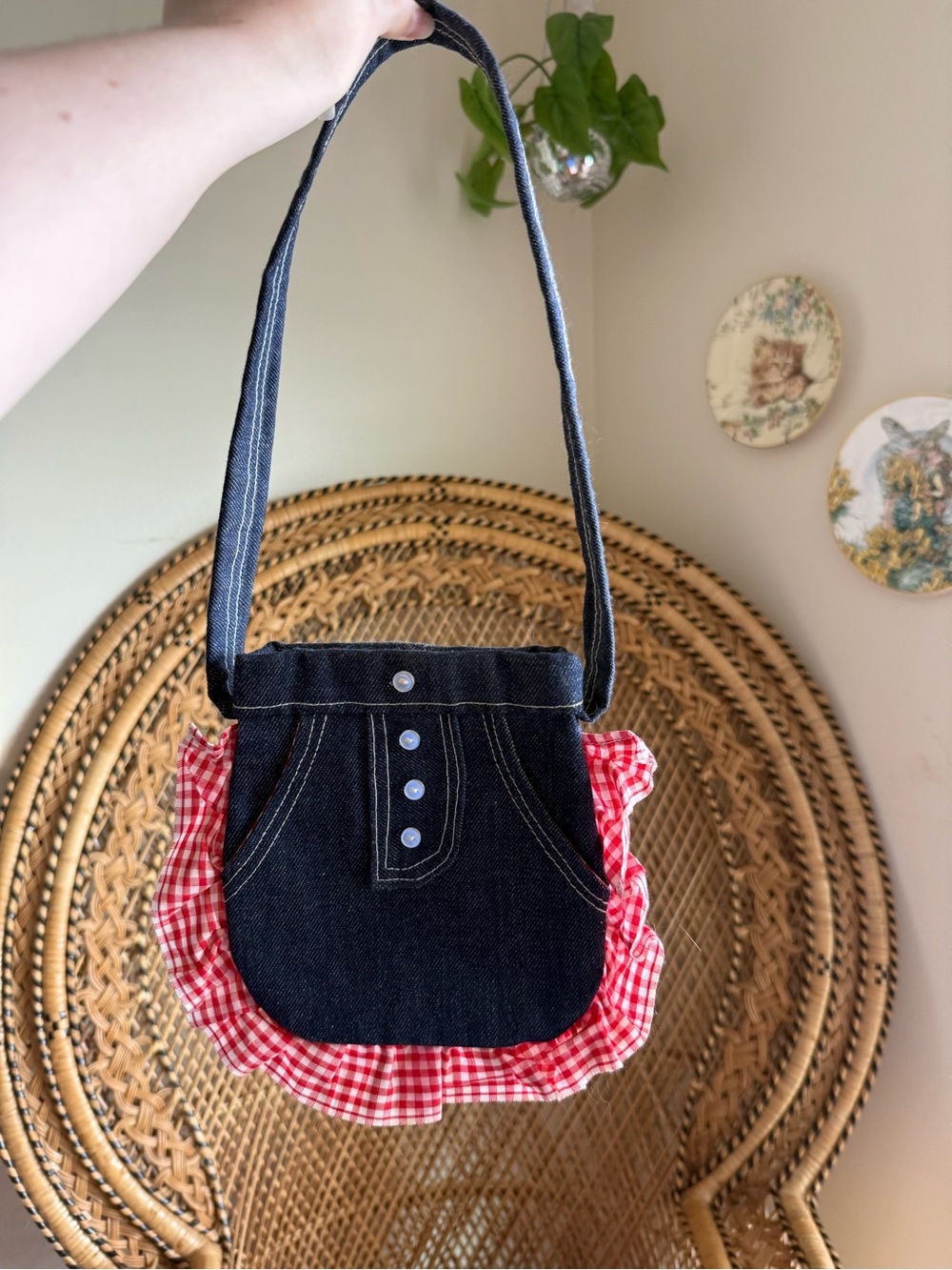 Black Denim Crossbody Bag with Red Gingham Ruffle